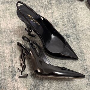 Saint Laurent Black Patent Leather Heels YSL logo heel pointed toe OPYUM PUMPS